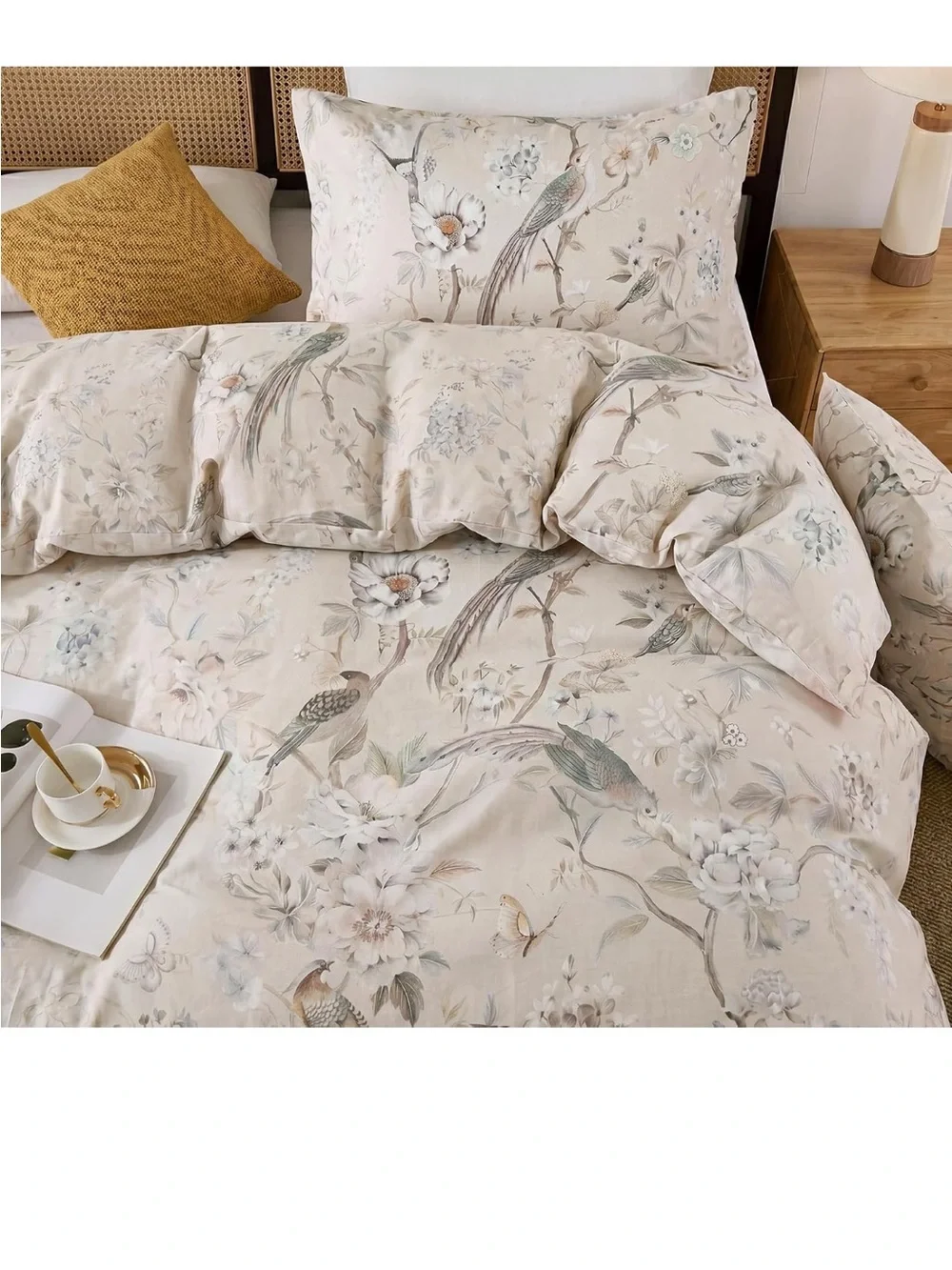 Bedding_Dreamer King Duvet Cover Set, 3-Piece 100% Cotton Twill Bird and Floral